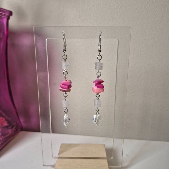 Rose Quartz and Pink Shell Dangle Earrings - Picture 1 of 5